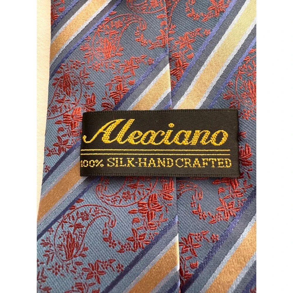Aleociano 100% Silk Handcrafted Men's Tie Blue Red Gold Stripe Paisley